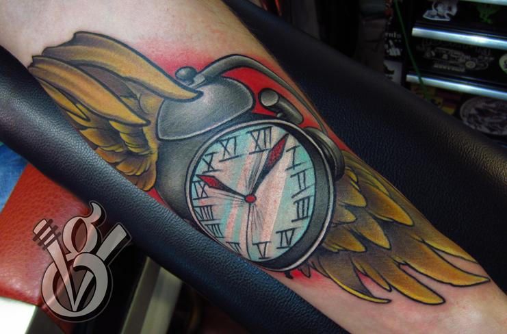 Time flies vintage alarm bell clock wings color arm tattoo by Jon von Glahn: TattooNOW